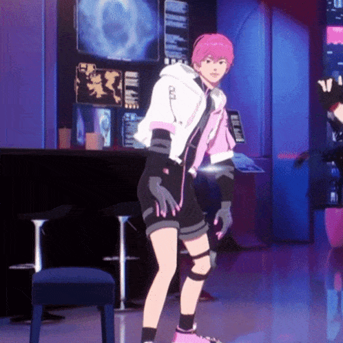 a cartoon character with pink hair is standing in front of a wall that says ' netflix ' on it