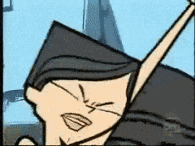 a close up of a cartoon character 's face with his arm in the air