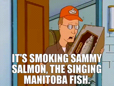 a cartoon of a man holding a box that says it 's smoking sammy salmon the singing manitoba fish ..