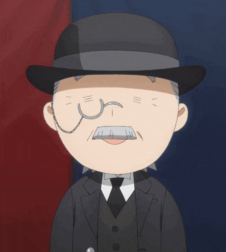 a cartoon drawing of a man in a suit and hat
