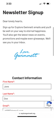 a screenshot of a newsletter signup page on a cell phone