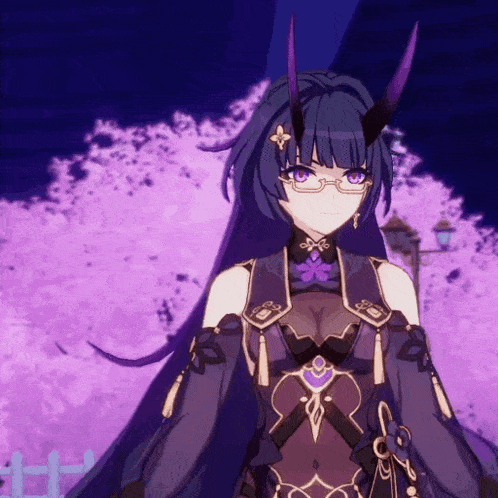 a girl with horns and glasses stands in front of a purple background