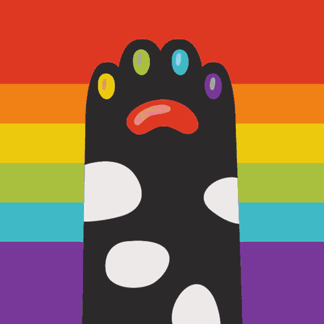 a black paw with white spots and rainbow eyes