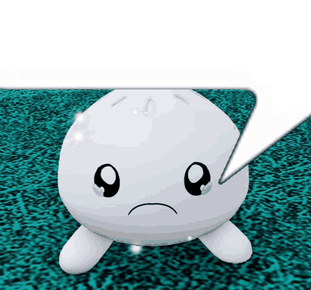 a white cartoon character with a sad face and a speech bubble above it