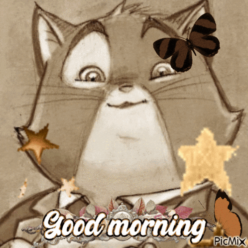 a picture of a cat with the words good morning written on it
