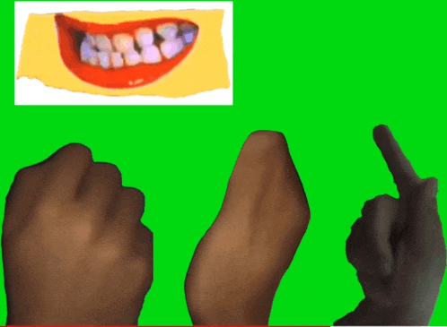 a green screen with a picture of a smiling face and a hand pointing at it
