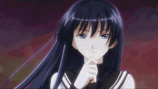 a girl with long black hair has her hands folded