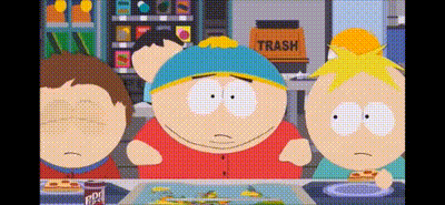 a group of cartoon characters are sitting at a table eating food .