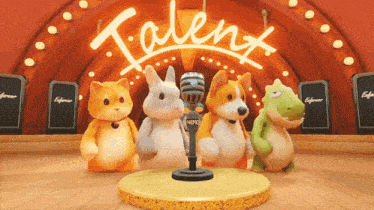 a group of stuffed animals singing into a microphone under a talent sign
