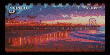 a picture of a pier at sunset with the words rewind slp at the top