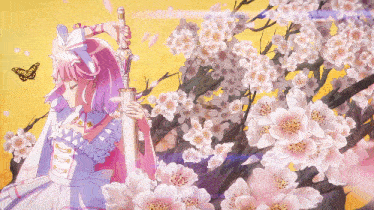 a girl with pink hair is holding a sword in front of a tree full of flowers