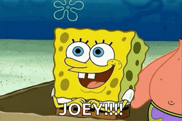 spongebob squarepants is smiling and holding a box with the word joey on it .