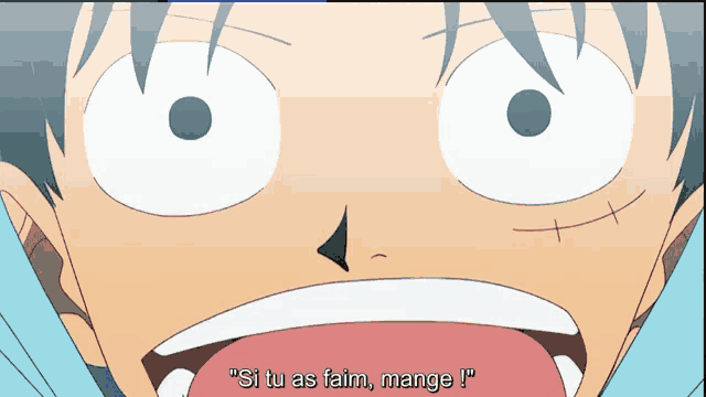 a close up of a person 's face with the words " si tu as faim mange " on the bottom