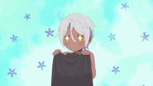 a girl with white hair is holding a black cloth in front of a blue background with flowers