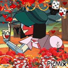 a cartoon of a man in a green hat surrounded by red flowers and playing cards