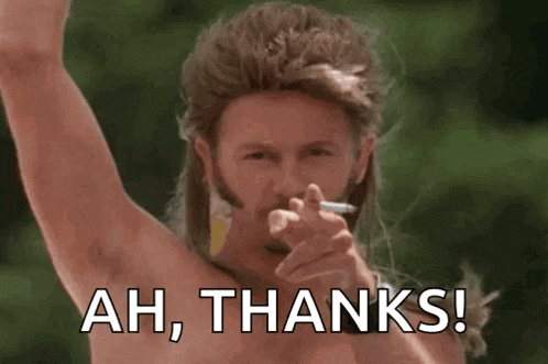 a shirtless man with long hair is smoking a cigarette and saying `` ah , thanks ! ''