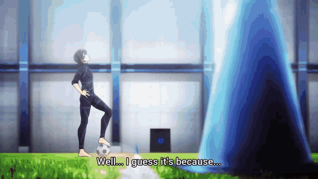 a person standing on a field with a soccer ball and says well i guess it 's because ...