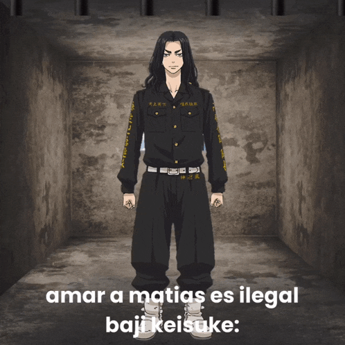 a man in a black uniform is standing in a dark room with the words amar a matias es illegal baju keisuke