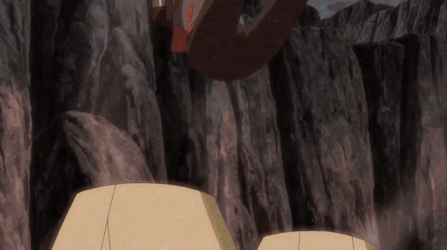 a cartoon drawing of a cliff with a tent in the foreground and mountains in the background