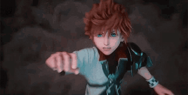 sora from kingdom hearts is reaching out towards the camera with his hand outstretched .