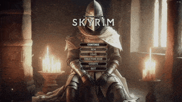 a screenshot of skyrim with a knight sitting in front of candles
