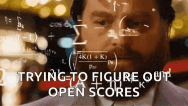 a man in a suit and tie is looking at a screen that says " trying to figure out open scores "