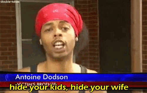a man wearing a red bandana is talking about hide your kids and hide your wife