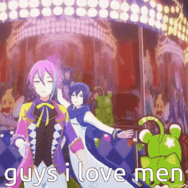 a couple of anime characters standing next to each other with the words guys i love men