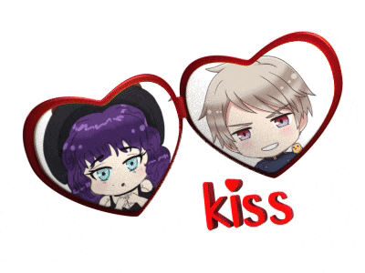 a boy and a girl in a heart with the word kiss below them