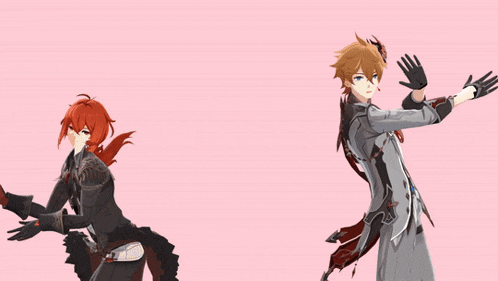 a couple of anime characters are standing next to each other on a pink background