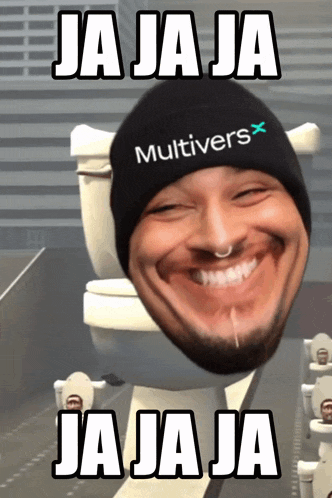 a man wearing a hat that says multiverse on it is sitting on a toilet