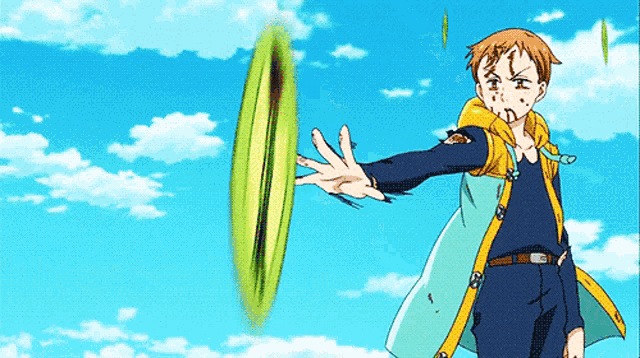 king from the seven deadly sins is spinning a frisbee in the air