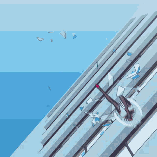 a cartoon of a girl falling off a building with a blue sky in the background