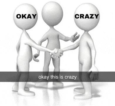 three 3d people shaking hands with the words okay and crazy on their heads