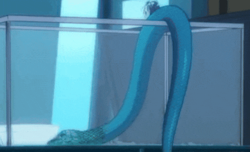a blue snake is swimming in a glass tank