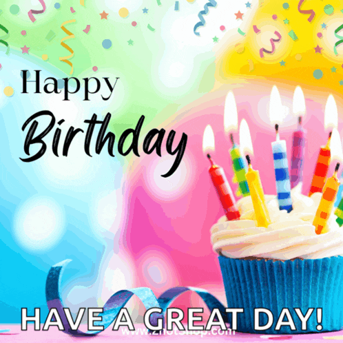 a birthday card with a cupcake with candles and the words have a great day