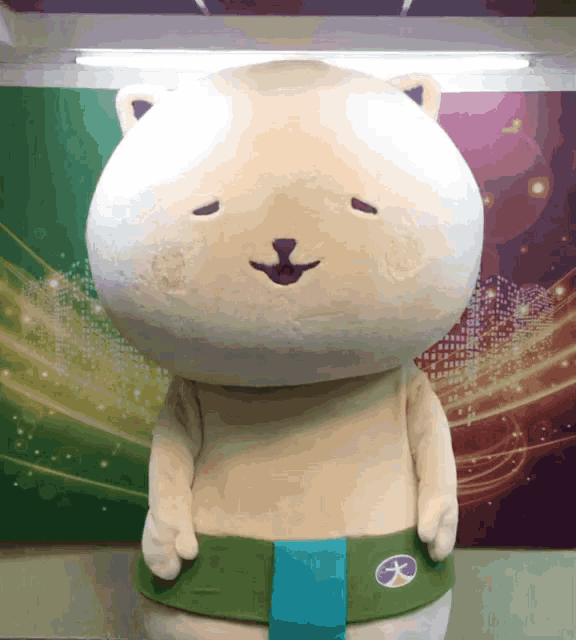 a stuffed animal in a sumo wrestler costume is standing in front of a colorful background