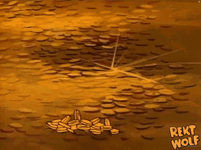 a cartoon of a wolf laying in a pile of gold coins with rekt wolf written on the bottom right