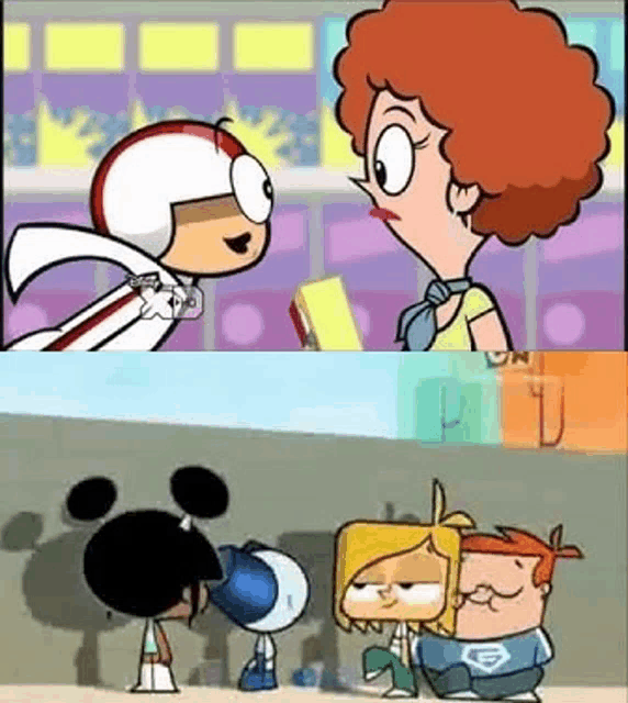 a group of cartoon characters are standing next to each other in a store .