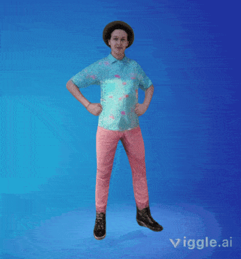a person wearing a blue shirt and pink pants is standing with their hands on their hips