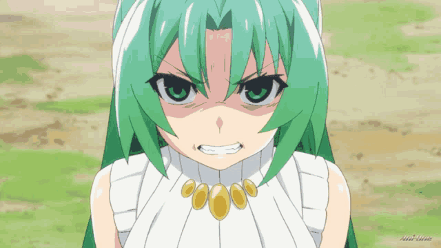 a girl with green hair is wearing a white top