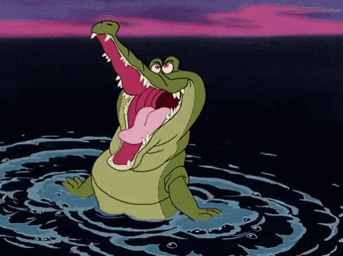 a cartoon crocodile is swimming in the ocean with its mouth open