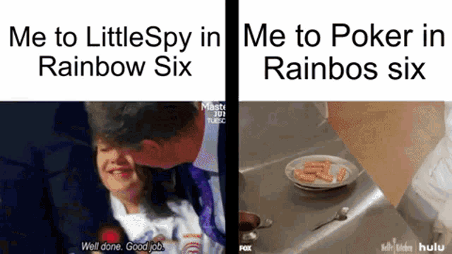 a man kissing a child on the cheek and a plate of food with the words me to little spy in rainbow six