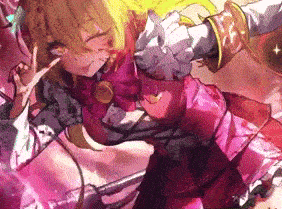 a girl in a red dress is holding a sword in a cartoon .
