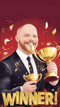 a man in a suit and tie is holding a trophy and the word winner is on the bottom