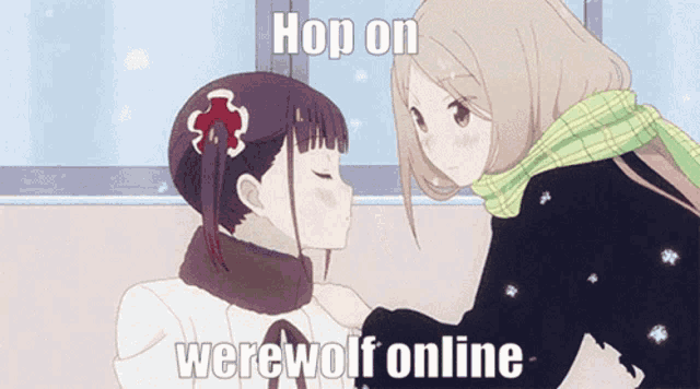 a couple of anime girls kissing with the words hop on werewolf online above them