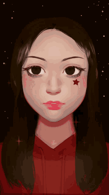 a girl with a star on her cheek is wearing a red hoodie
