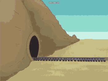 a cartoon of a train coming out of a tunnel