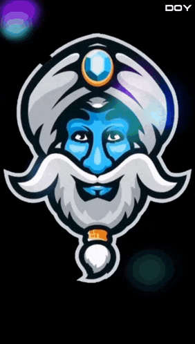 a cartoon drawing of a man with a blue face and a white beard