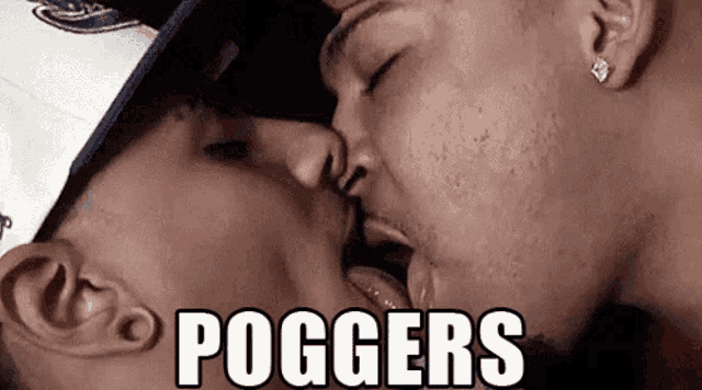two men are kissing with the word poggers written on the bottom